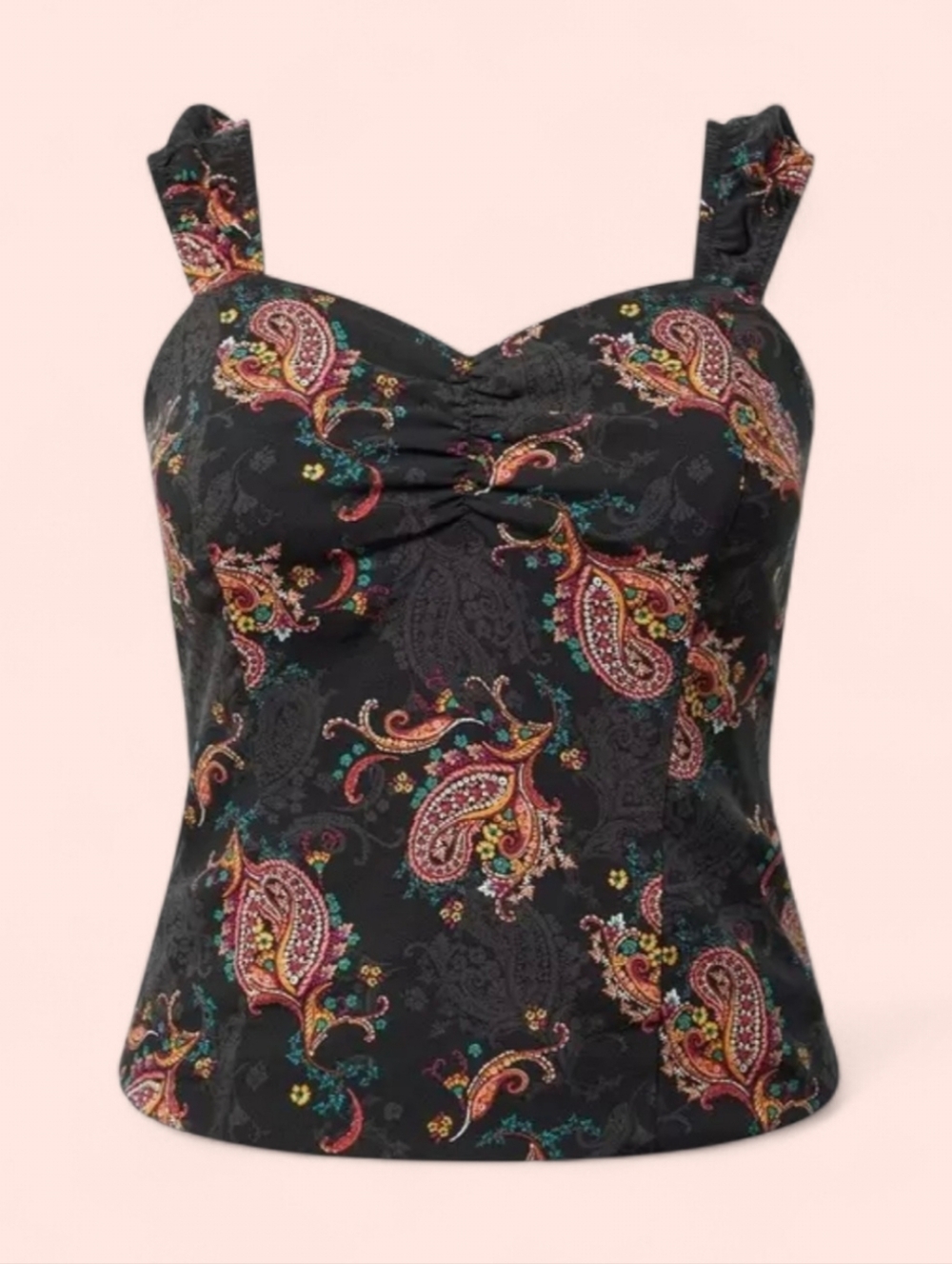 Torrid Challis Smocked Black Paisley Print Sleeveless Sweetheart Top, 2x